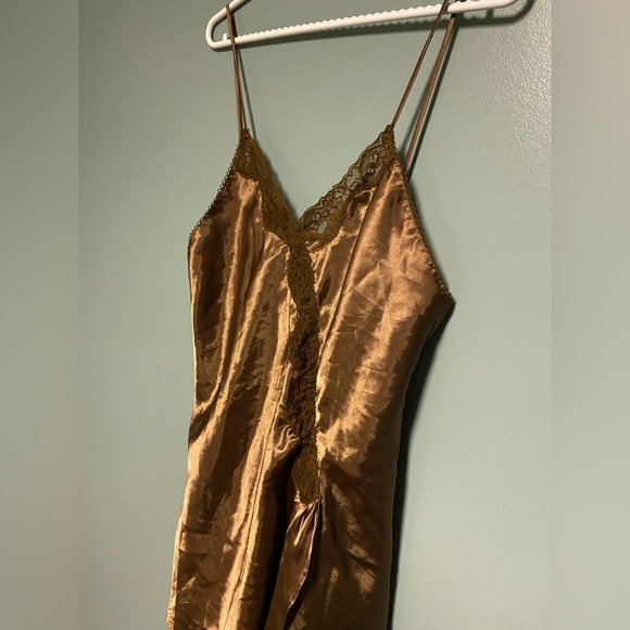 Vintage 90’s Brown Silk Slip Mini Dress Top with Spaghetti Straps and Lace - Picture 3 of 5
